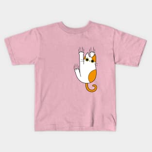 White and orange cat hanging on Kids T-Shirt